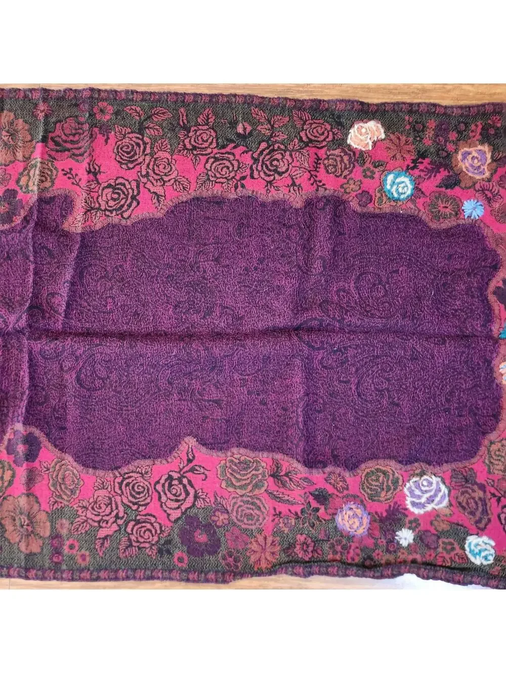 Cozy Floral Embroidered Purple Wool Scarf with Fringe